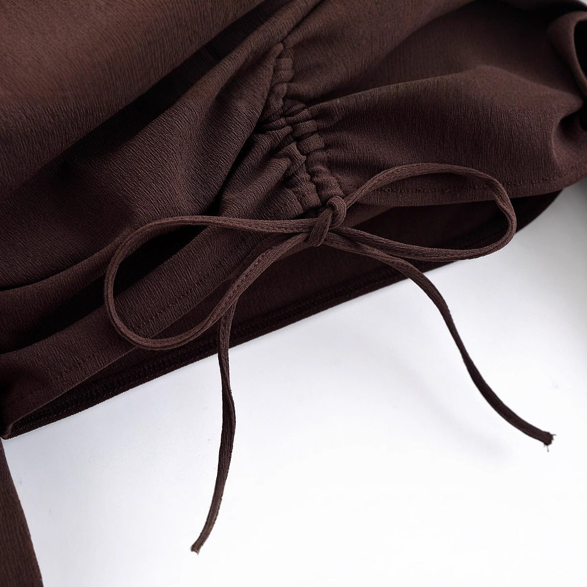 V-neck long sleeved pleated elastic solid color top for women