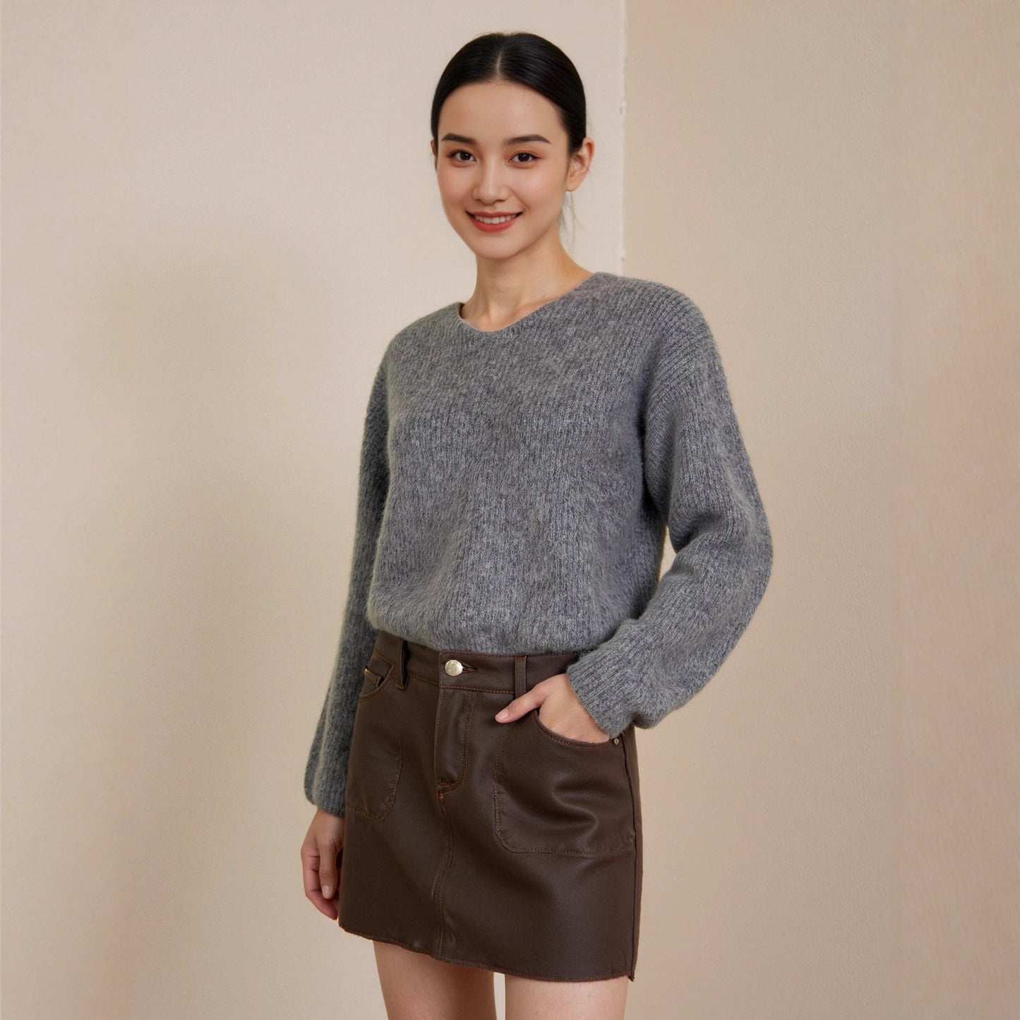 Wool Sweater Women's Fleece Thickened Round Neck Loose Casual Lazy Style Base Layer V-Neck Slimming Sweater