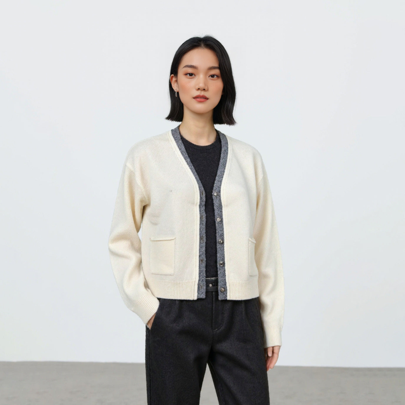 Wool Knit Cardigan Women's Chic Colorblock V-Neck Sweater Coat Loose Top
