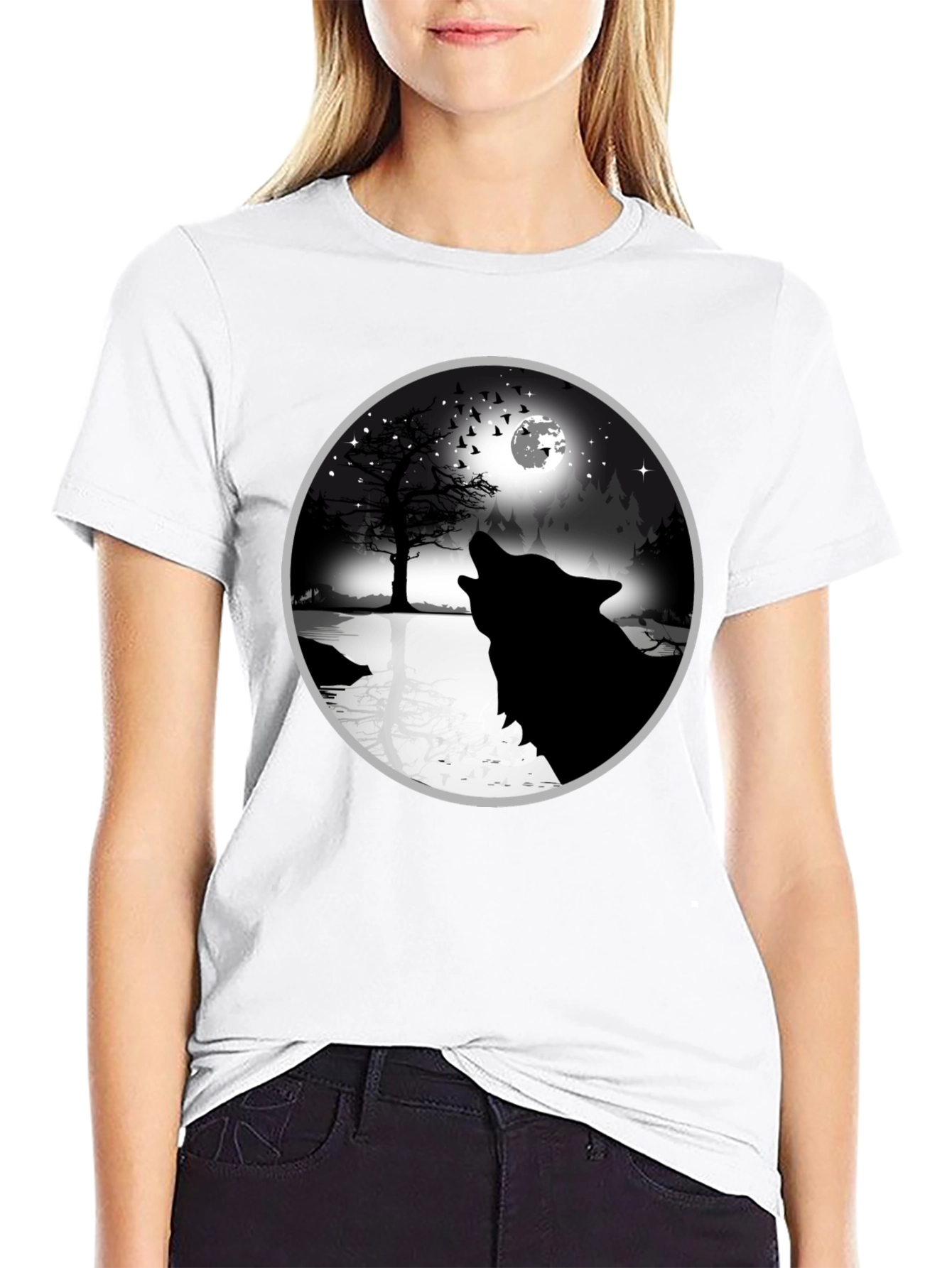 Wolf Howling at Moon Graphic Tee - Black