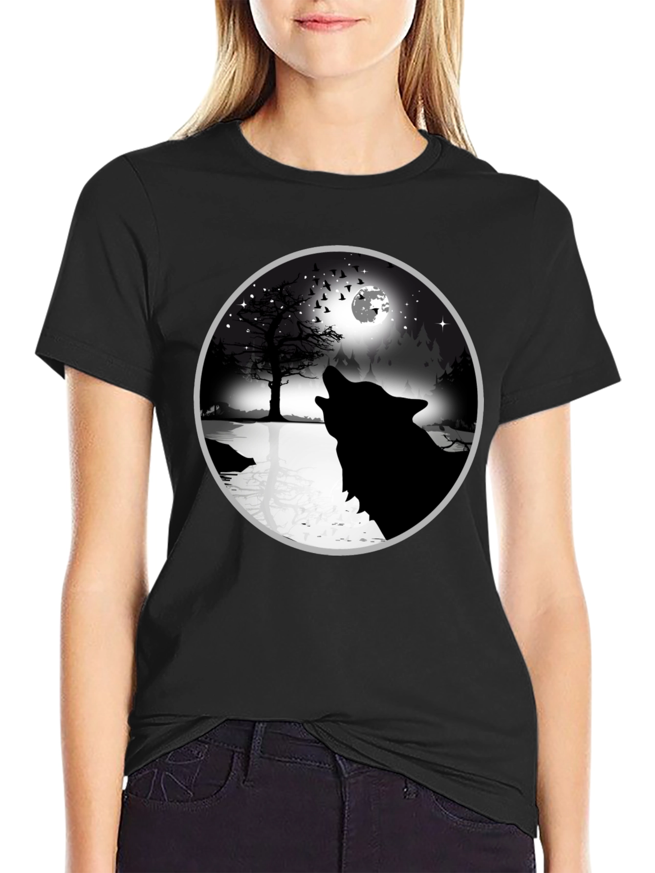 Wolf Howling at Moon Graphic Tee - Black