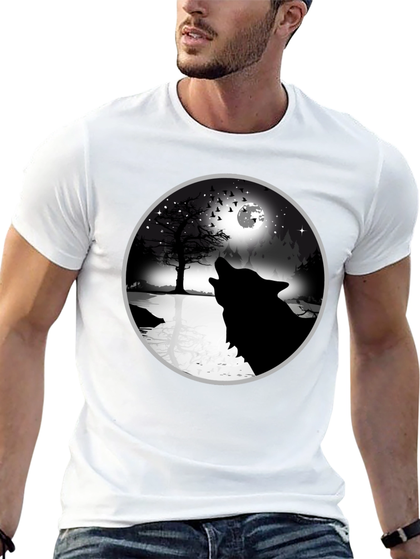 Wolf Howling at Moon Graphic Tee - Black