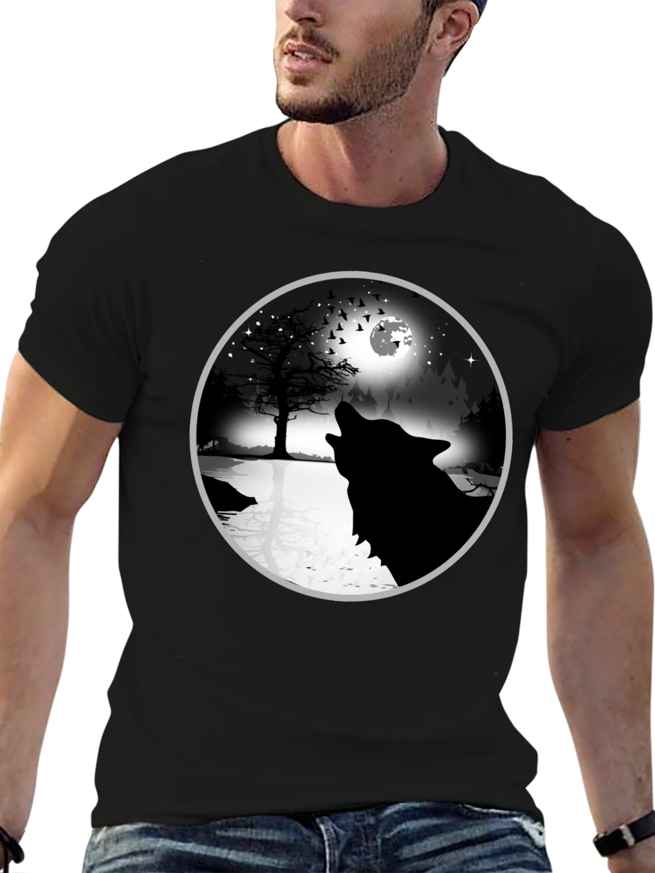 Wolf Howling at Moon Graphic Tee - Black