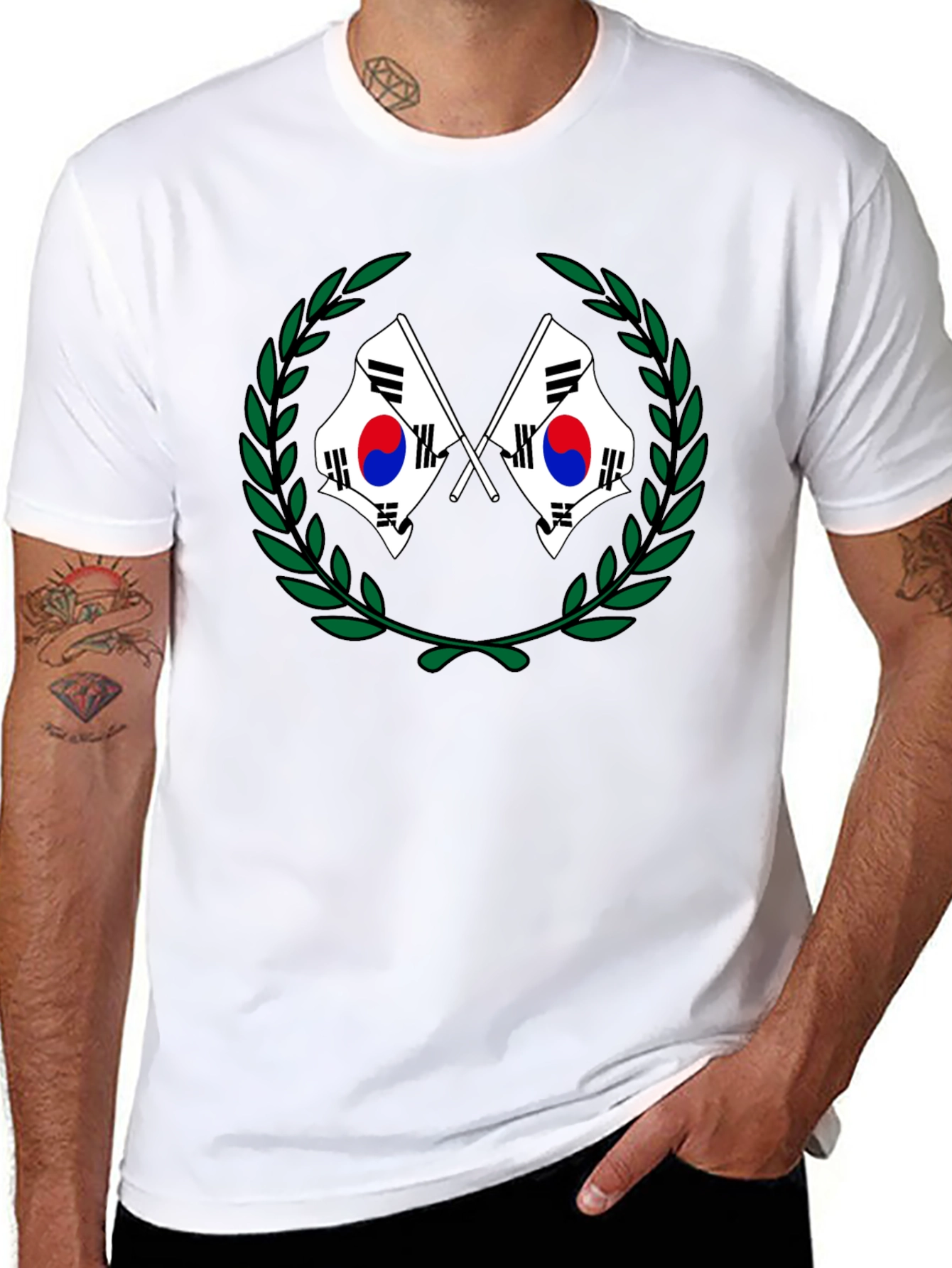 South Korea Flag Laurel Wreath Black T-Shirt