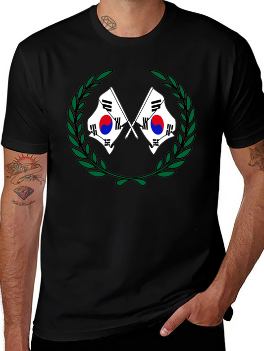 South Korea Flag Laurel Wreath Black T-Shirt