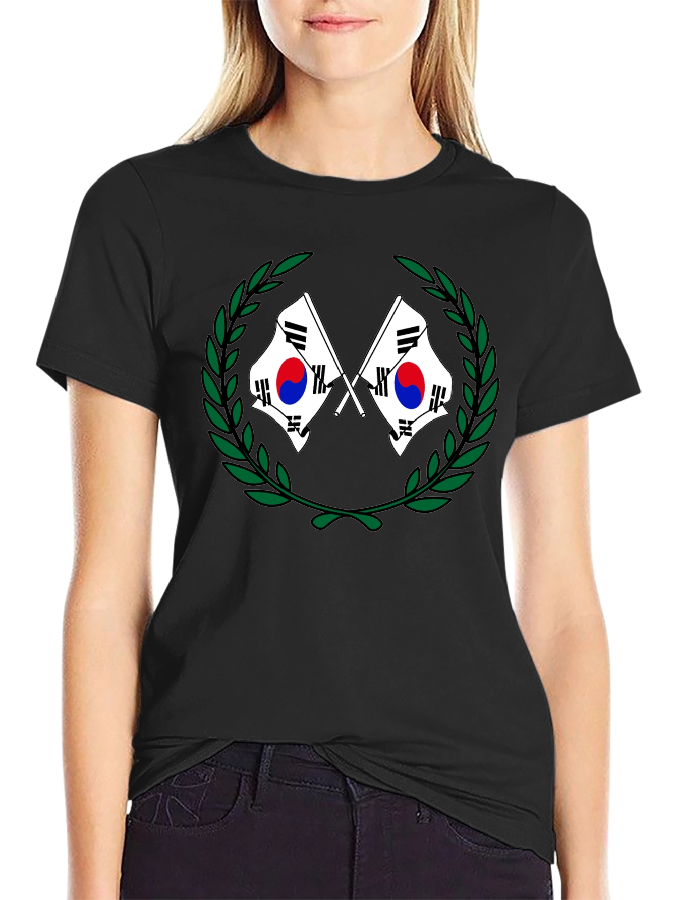 South Korea Flag Laurel Wreath Black T-Shirt