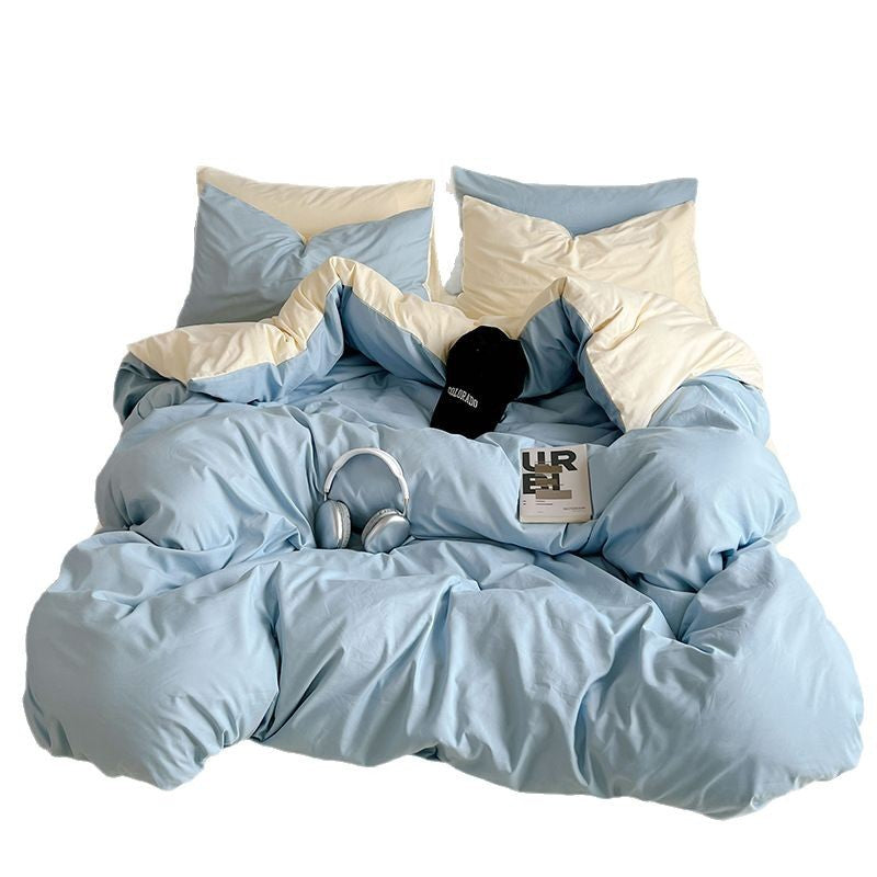 Washed Cotton Solid Color Double Spliced Four-Piece Bedding Set - Sheet, Quilt Cover, Pillowcases for Employee and Dormitory Use