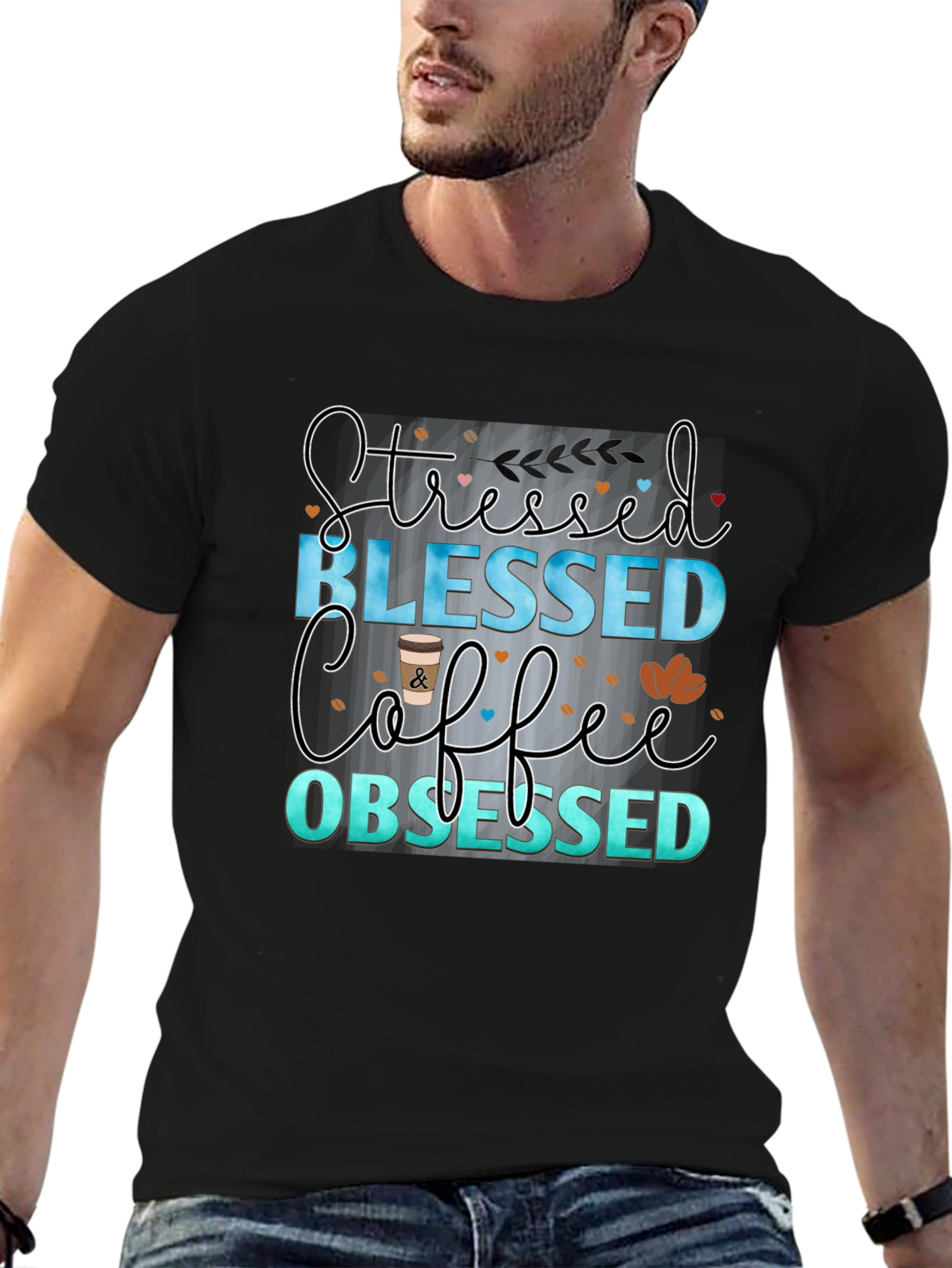 Stressed Blessed Coffee Obsessed Black T-Shirt