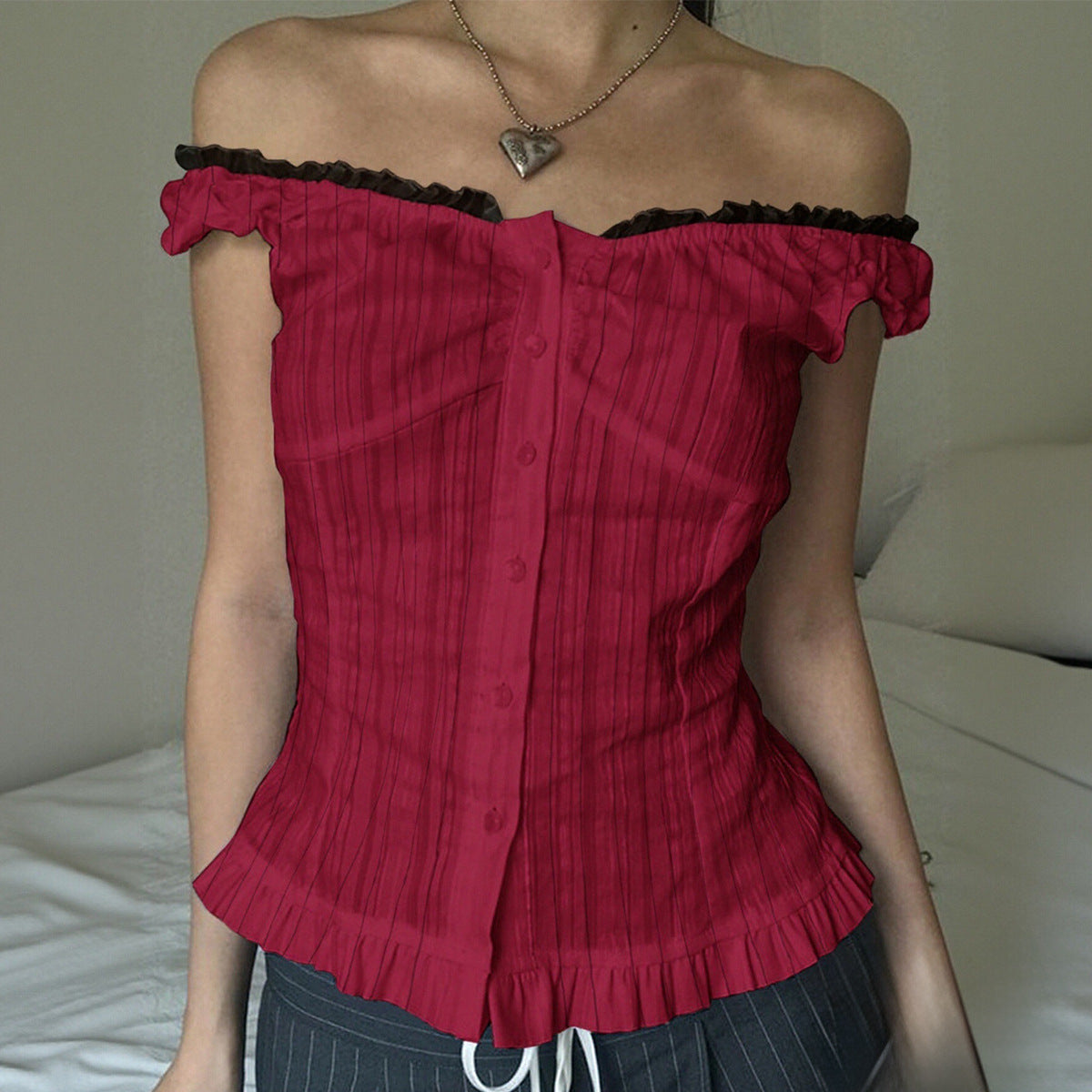 Spliced Buttoned Waist Slimming Spicy Girl Temperament Top Women's Clothing