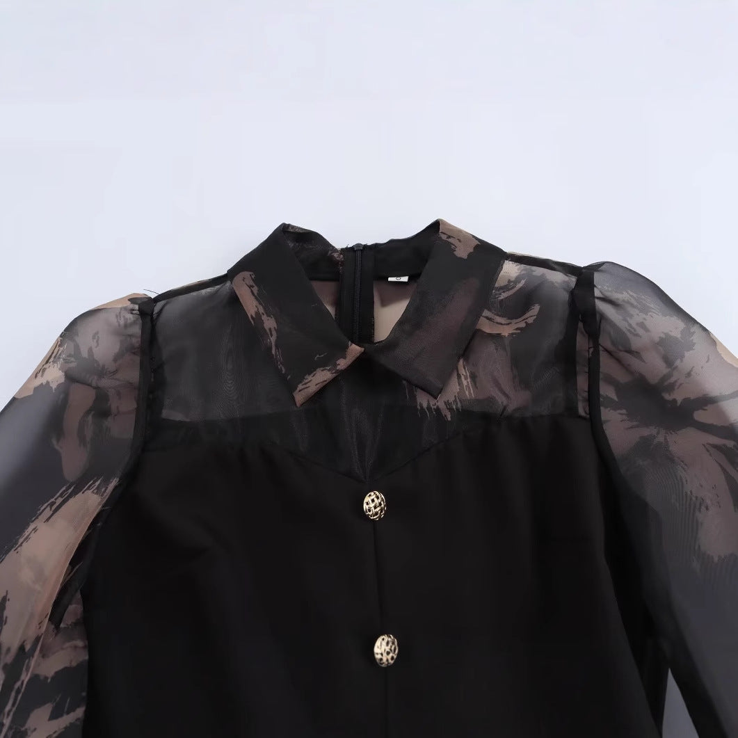 Collar long sleeved single breasted mesh versatile shirt for women