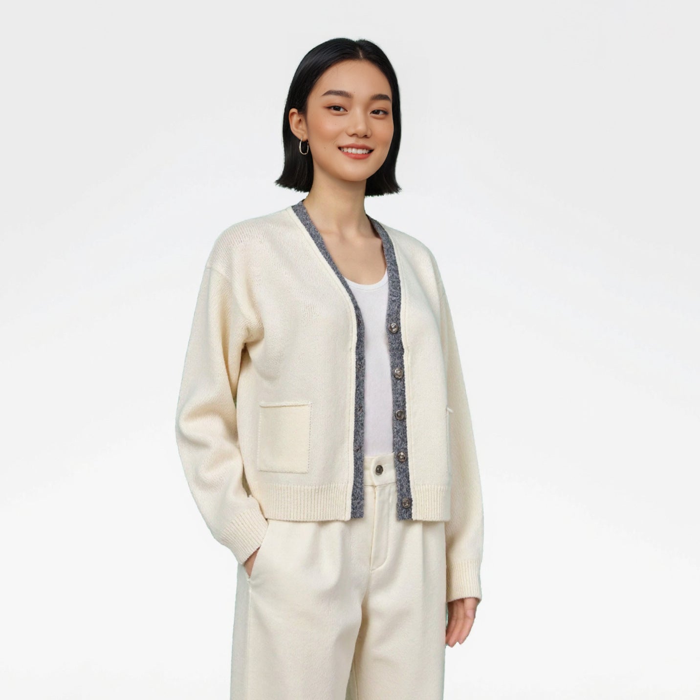 Wool Knit Cardigan Women's Chic Colorblock V-Neck Sweater Coat Loose Top