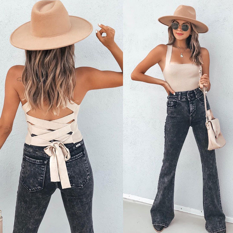 High waisted elastic stir fried snowflake micro flared jeans for women