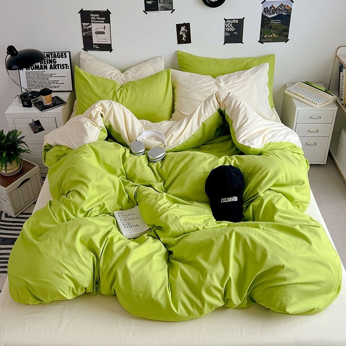 Washed Cotton Solid Color Double Spliced Four-Piece Bedding Set - Sheet, Quilt Cover, Pillowcases for Employee and Dormitory Use