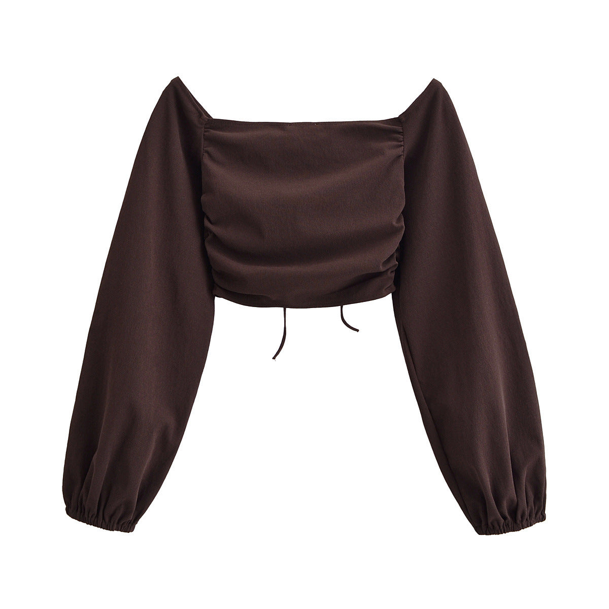 V-neck long sleeved pleated elastic solid color top for women