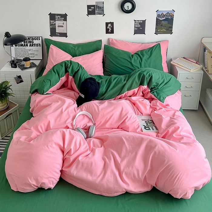 Washed Cotton Solid Color Double Spliced Four-Piece Bedding Set - Sheet, Quilt Cover, Pillowcases for Employee and Dormitory Use