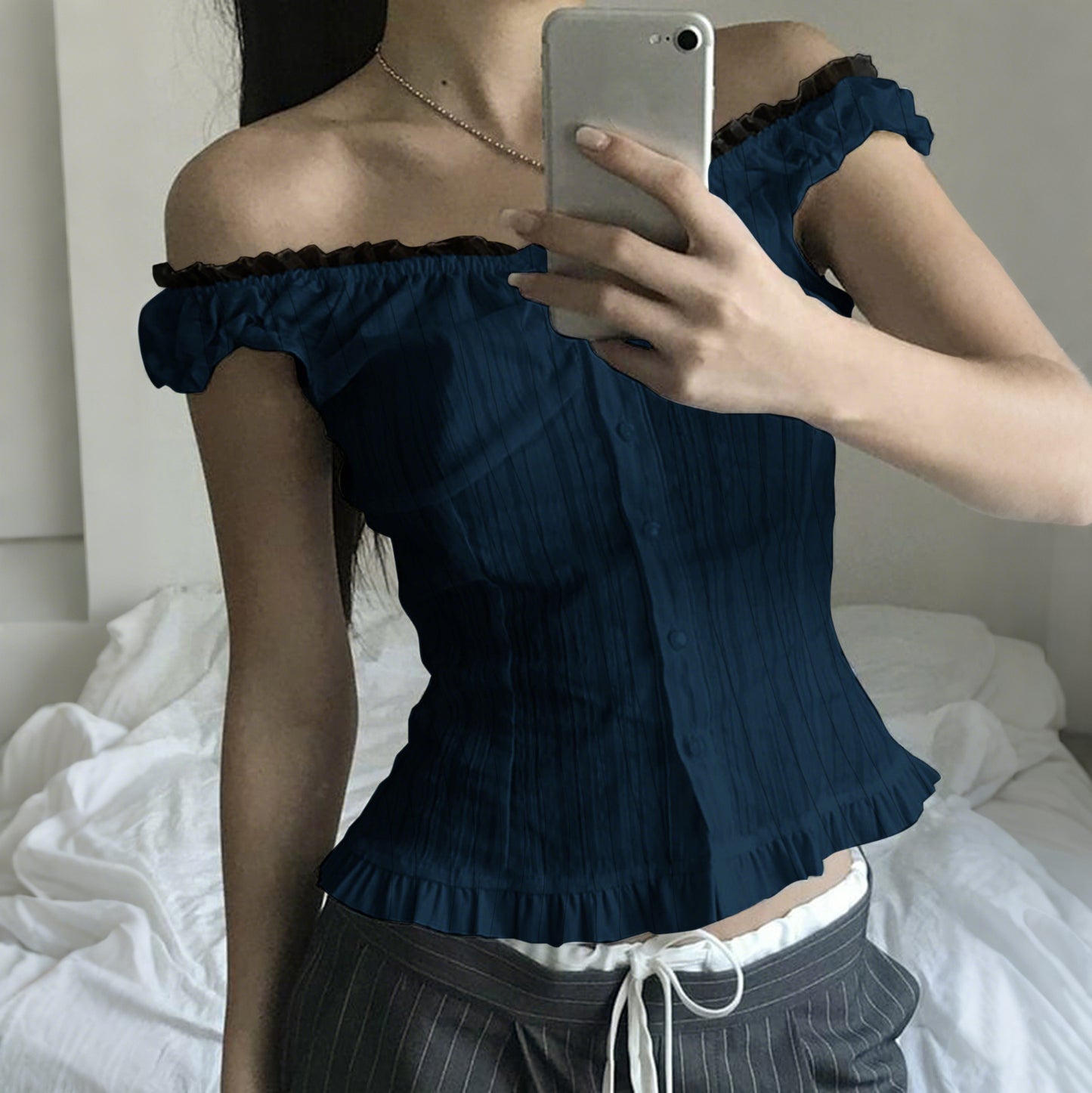 Spliced Buttoned Waist Slimming Spicy Girl Temperament Top Women's Clothing