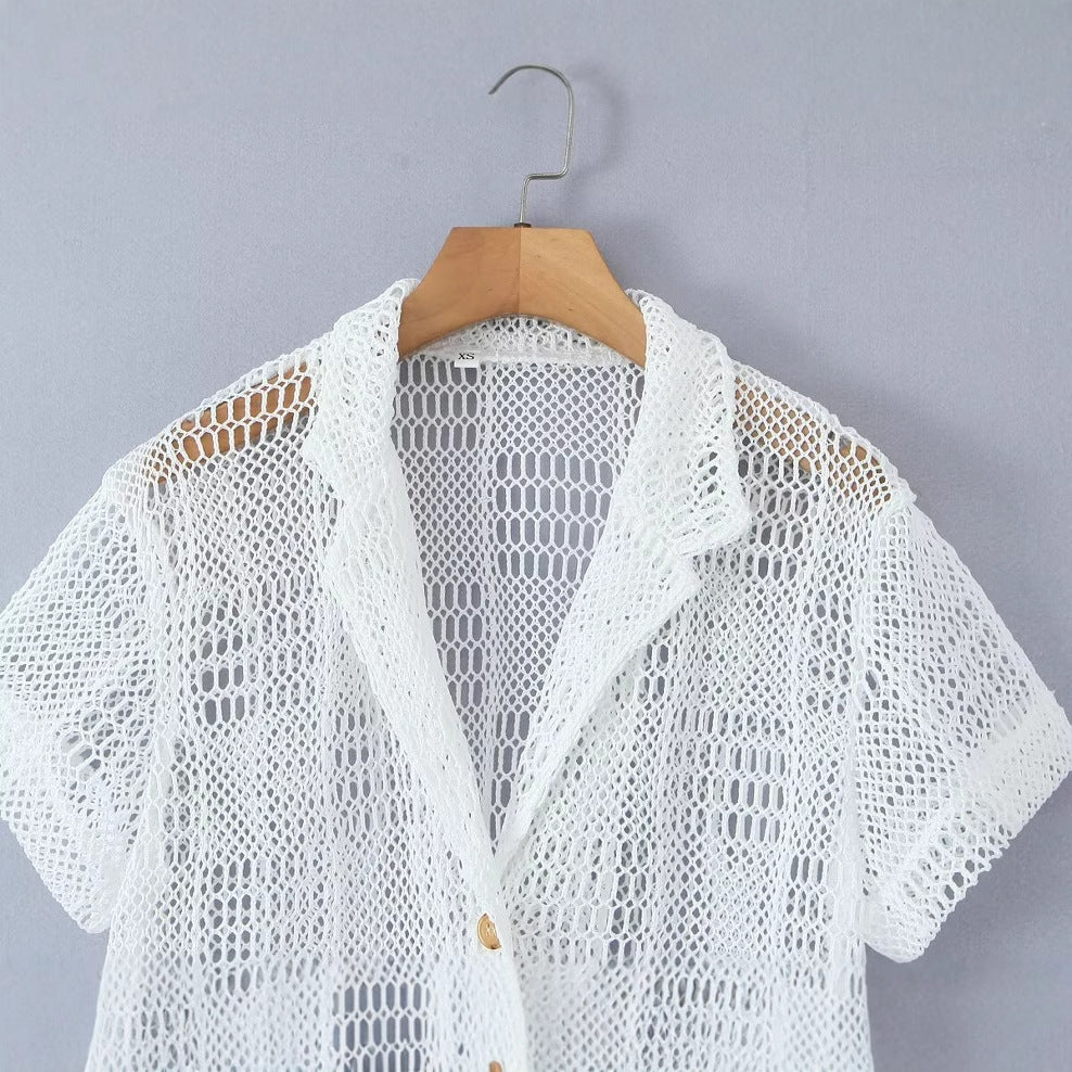 Flip V-neck short sleeved single breasted see through top for women