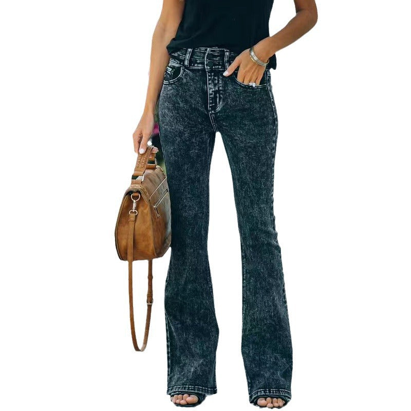 High waisted elastic stir fried snowflake micro flared jeans for women