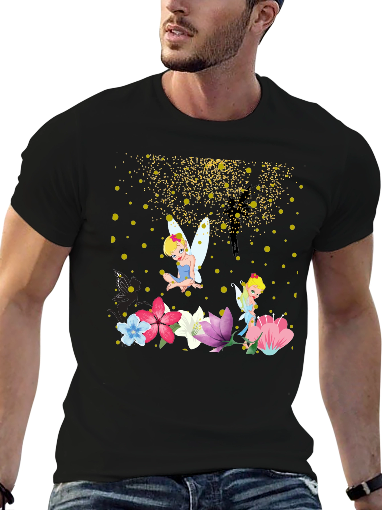 Whimsical Fairy Graphic Tee - Black Cotton Blend