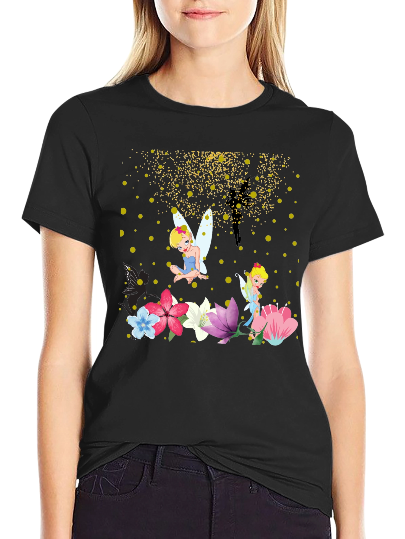 Whimsical Fairy Graphic Tee - Black Cotton Blend
