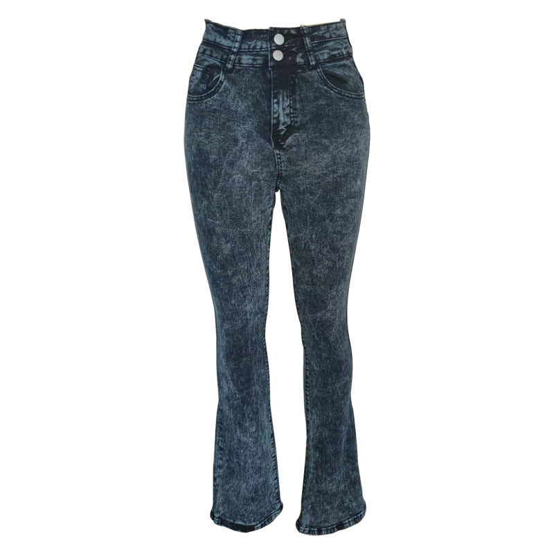 High waisted elastic stir fried snowflake micro flared jeans for women