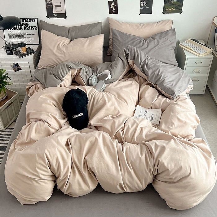 Washed Cotton Solid Color Double Spliced Four-Piece Bedding Set - Sheet, Quilt Cover, Pillowcases for Employee and Dormitory Use