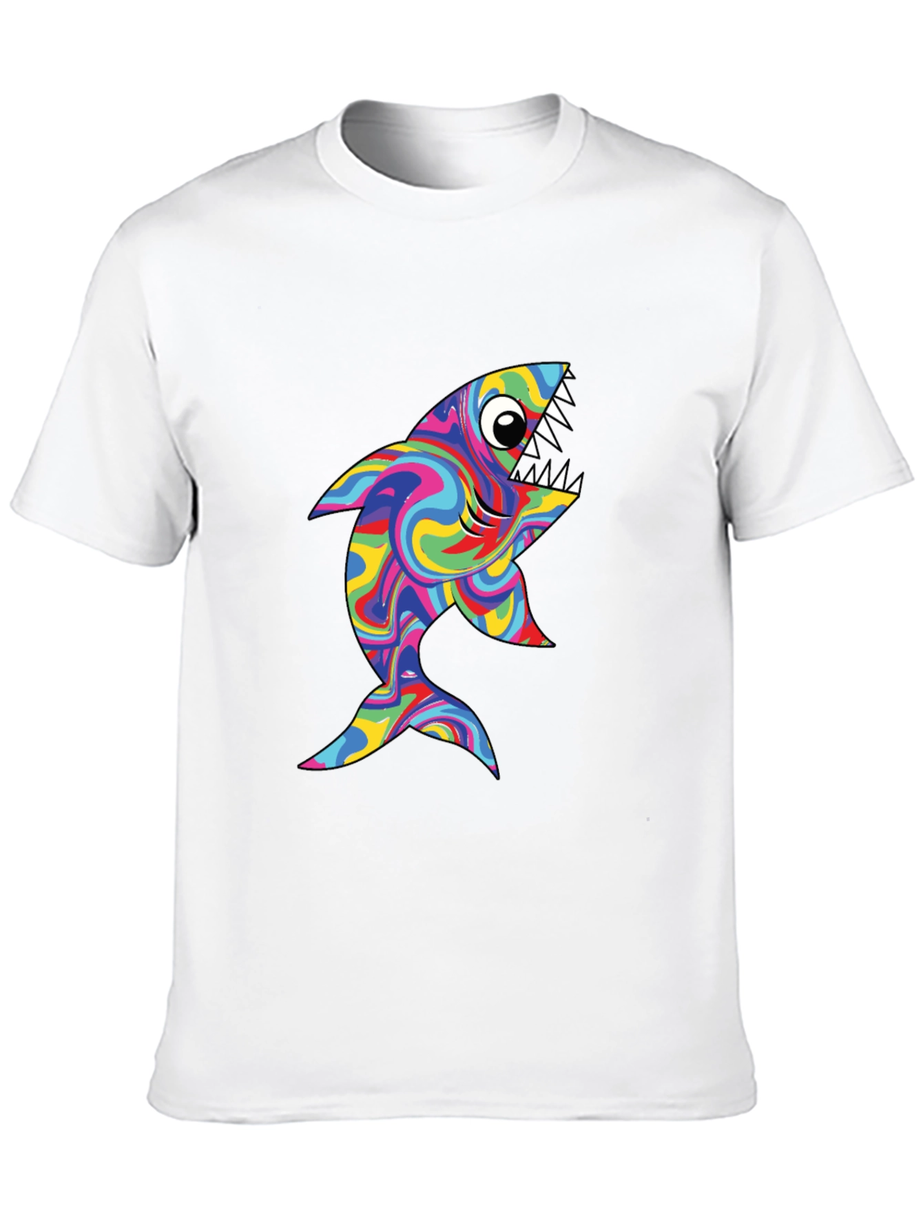 Psychedelic Shark Graphic Tee - Black Cotton T-Shirt