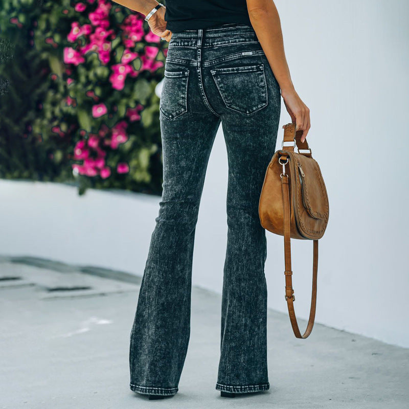 High waisted elastic stir fried snowflake micro flared jeans for women