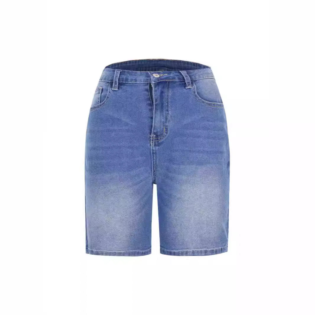 Washed elastic waisted denim cropped pants for women