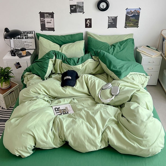 Washed Cotton Solid Color Double Spliced Four-Piece Bedding Set - Sheet, Quilt Cover, Pillowcases for Employee and Dormitory Use