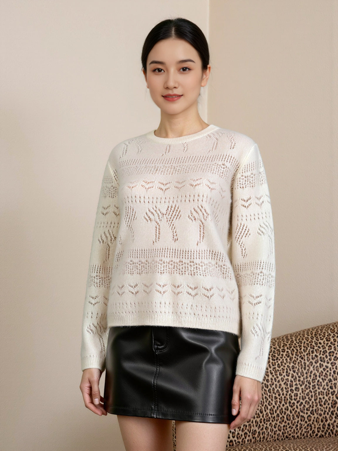 Wool Sweater Elegant Round Neck Hollow Out Jacquard Knitted Base Layer for Women