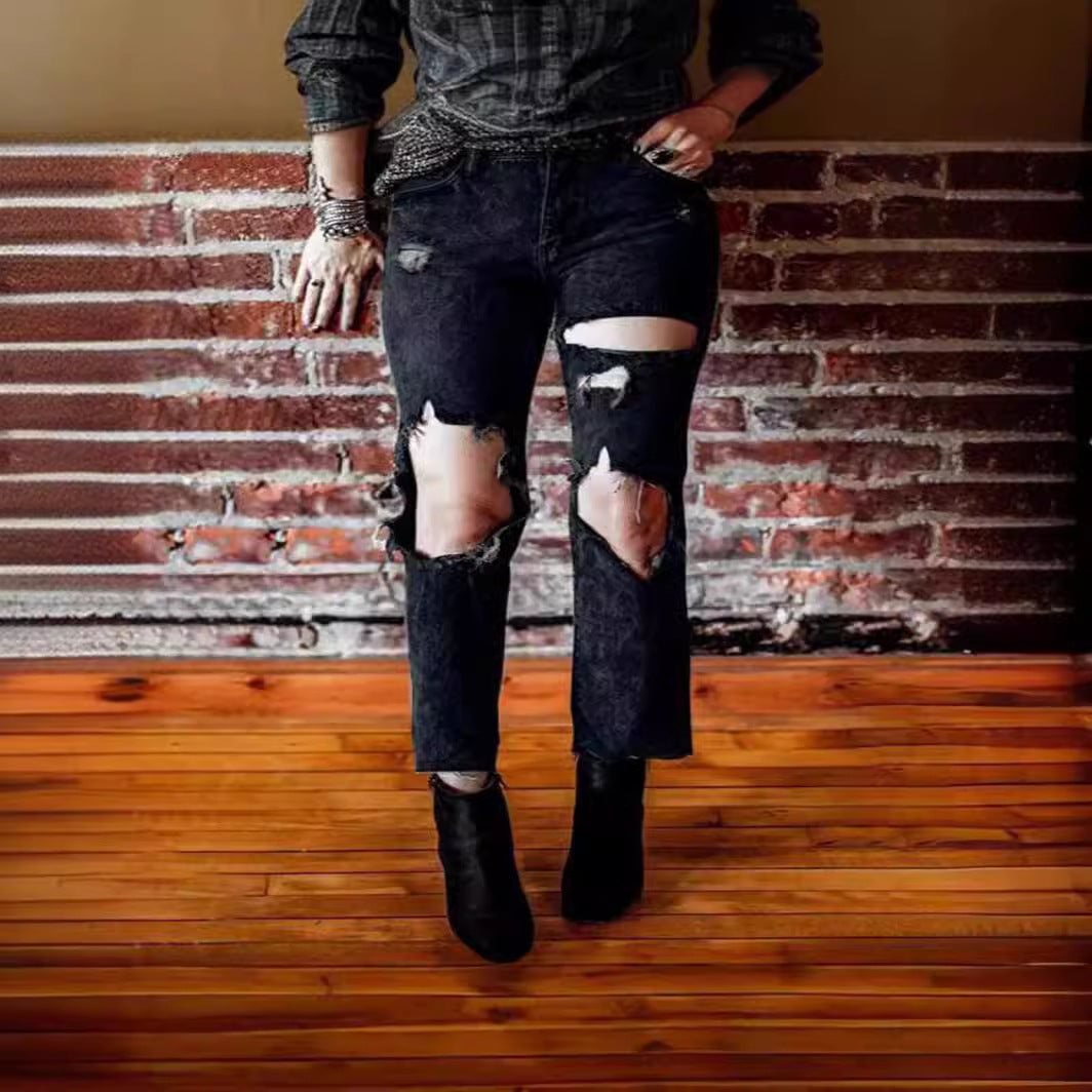 Ripped casual slim straight leg denim cropped pants