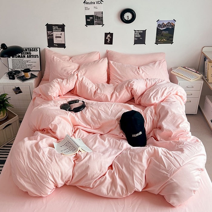 Washed Cotton Solid Color Double Spliced Four-Piece Bedding Set - Sheet, Quilt Cover, Pillowcases for Employee and Dormitory Use