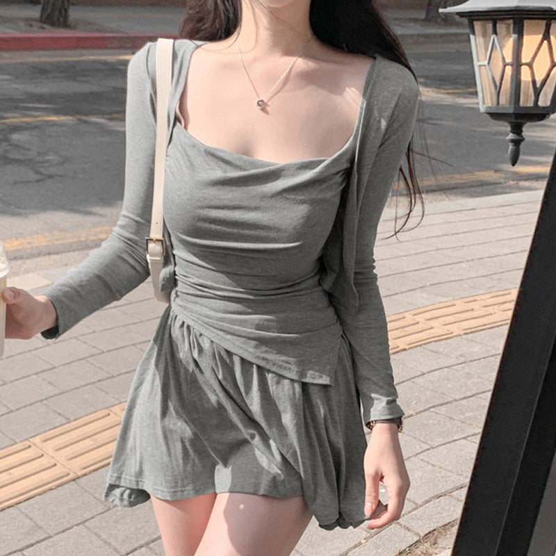 Three piece set of slim camisole cardigan and skirt