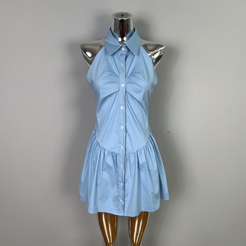 Sexy Waist Pleated Body-Shaping Halter Sleeveless Shirt Dress