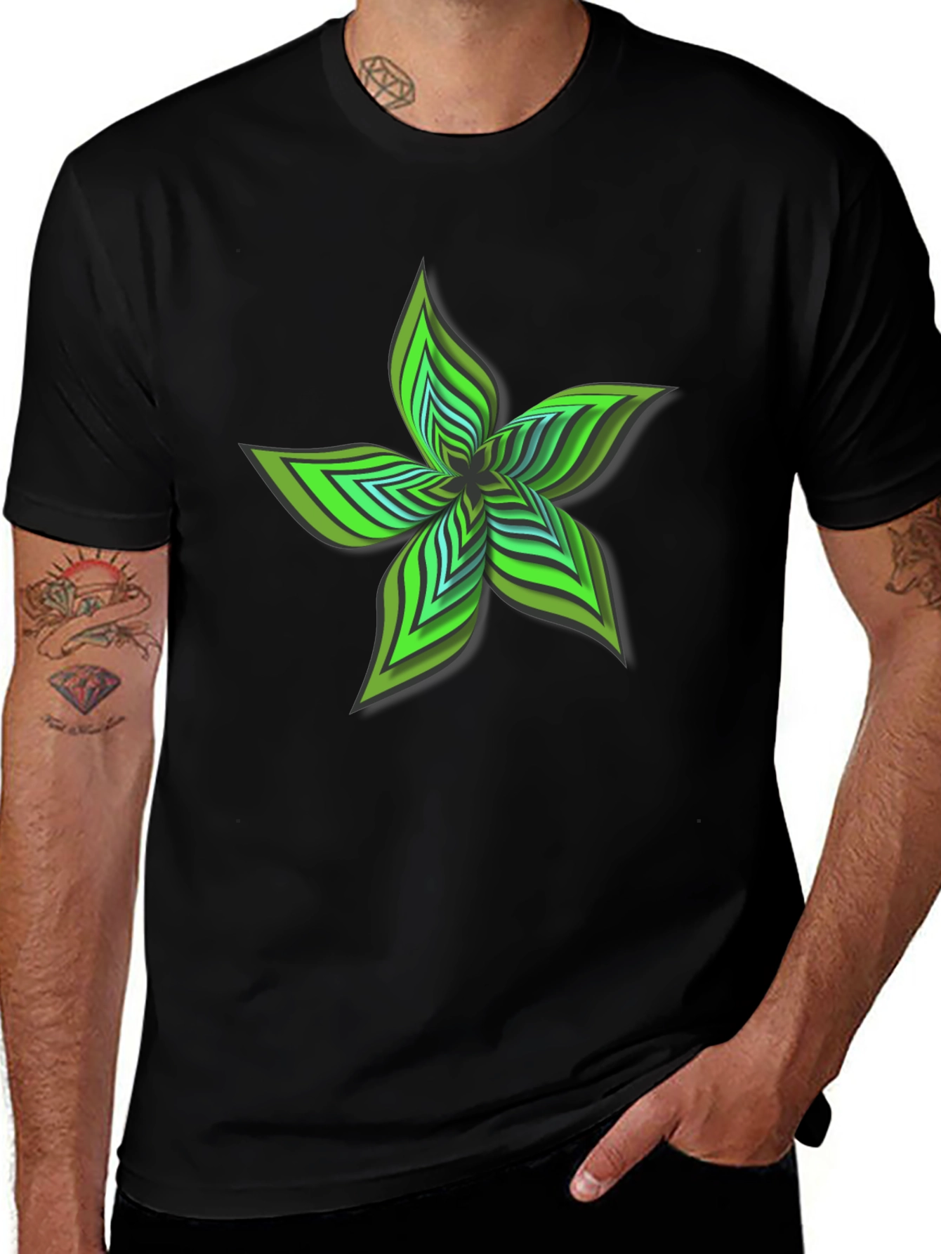 Abstract Green Flower Graphic Black T-Shirt