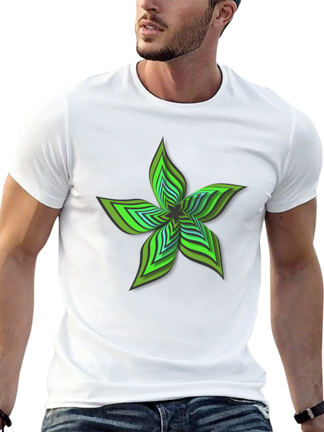 Abstract Green Flower Graphic Black T-Shirt