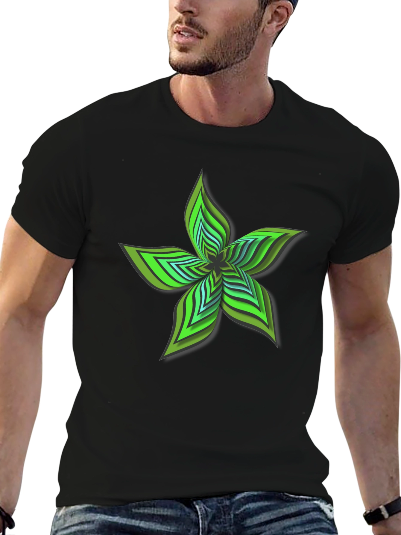 Abstract Green Flower Graphic Black T-Shirt