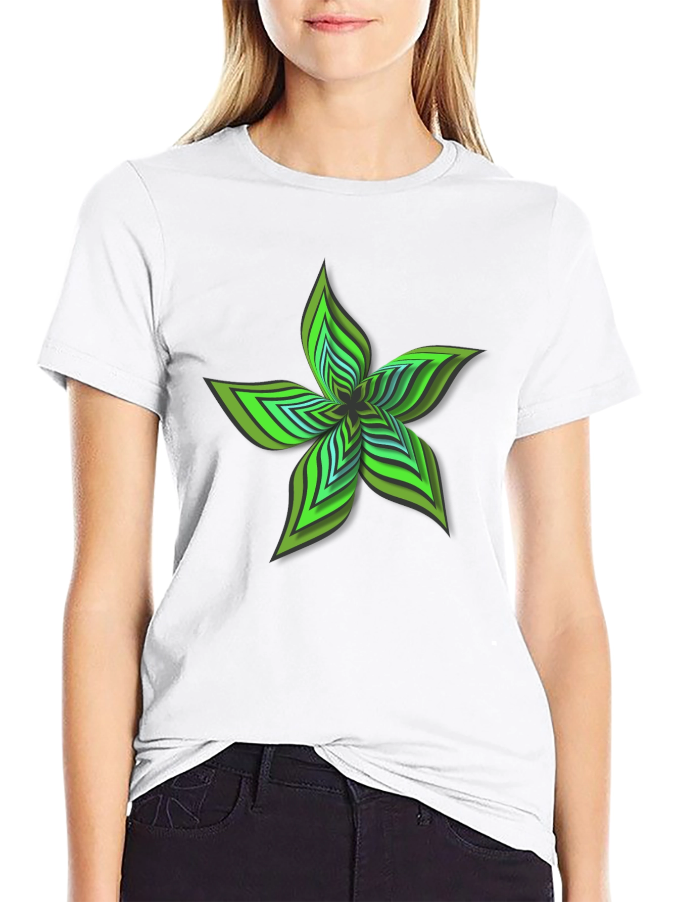 Abstract Green Flower Graphic Black T-Shirt