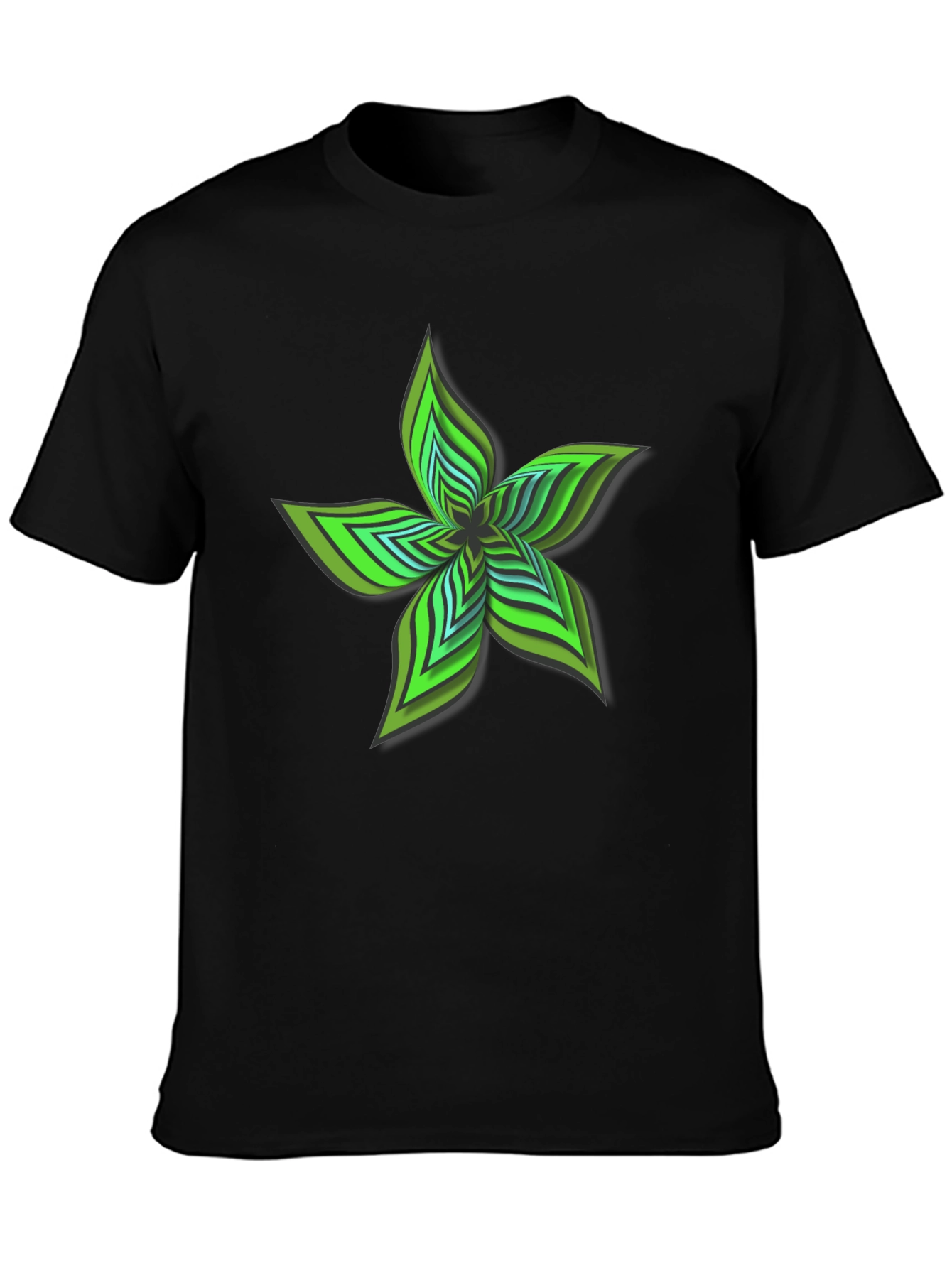 Abstract Green Flower Graphic Black T-Shirt