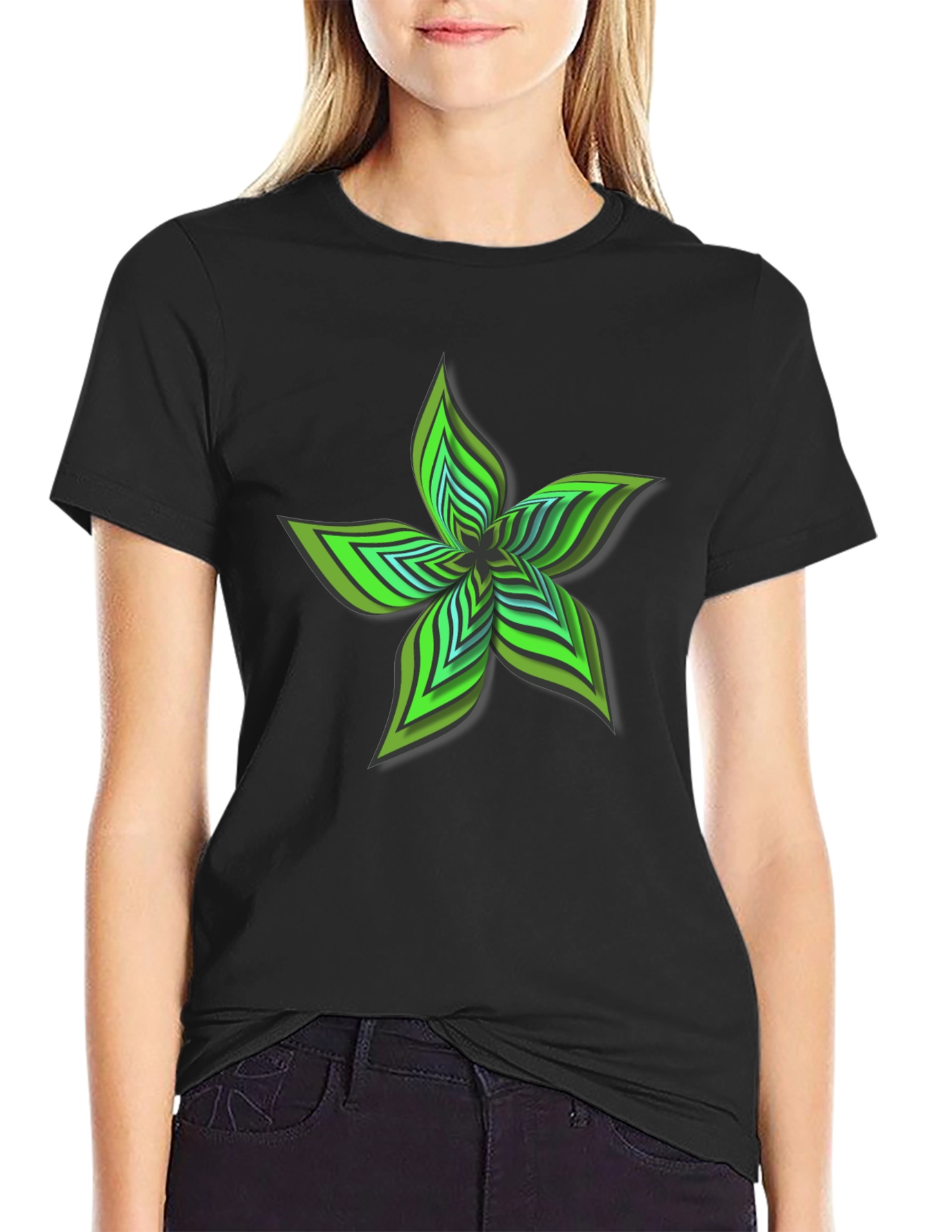 Abstract Green Flower Graphic Black T-Shirt