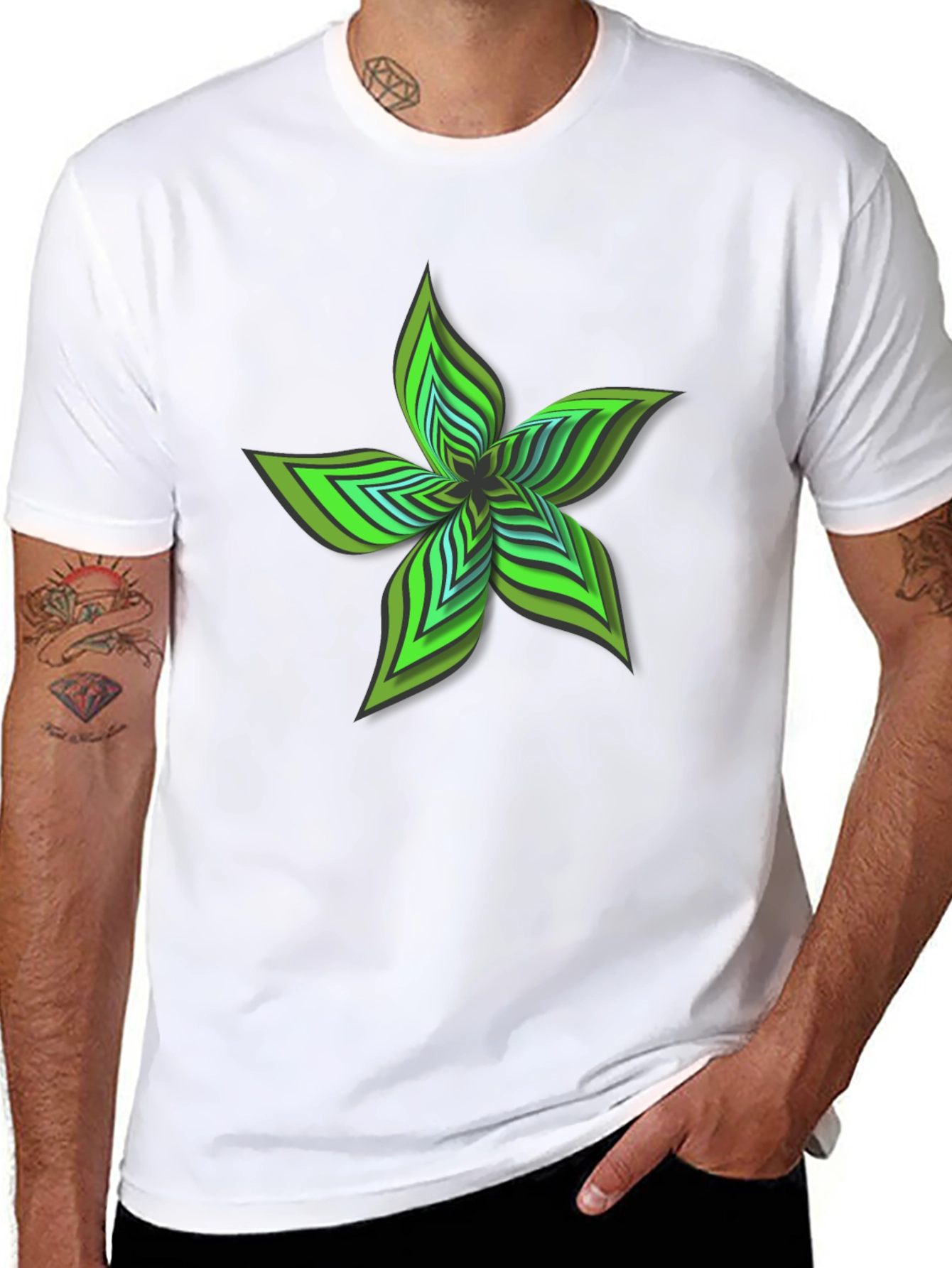 Abstract Green Flower Graphic Black T-Shirt