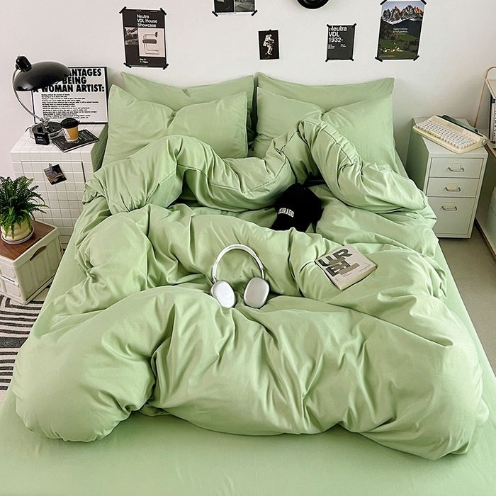 Washed Cotton Solid Color Double Spliced Four-Piece Bedding Set - Sheet, Quilt Cover, Pillowcases for Employee and Dormitory Use