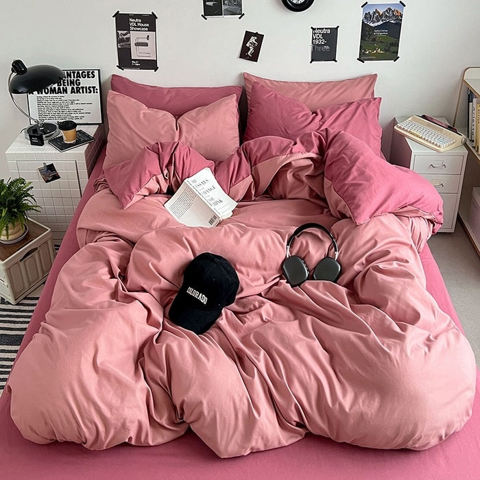 Washed Cotton Solid Color Double Spliced Four-Piece Bedding Set - Sheet, Quilt Cover, Pillowcases for Employee and Dormitory Use