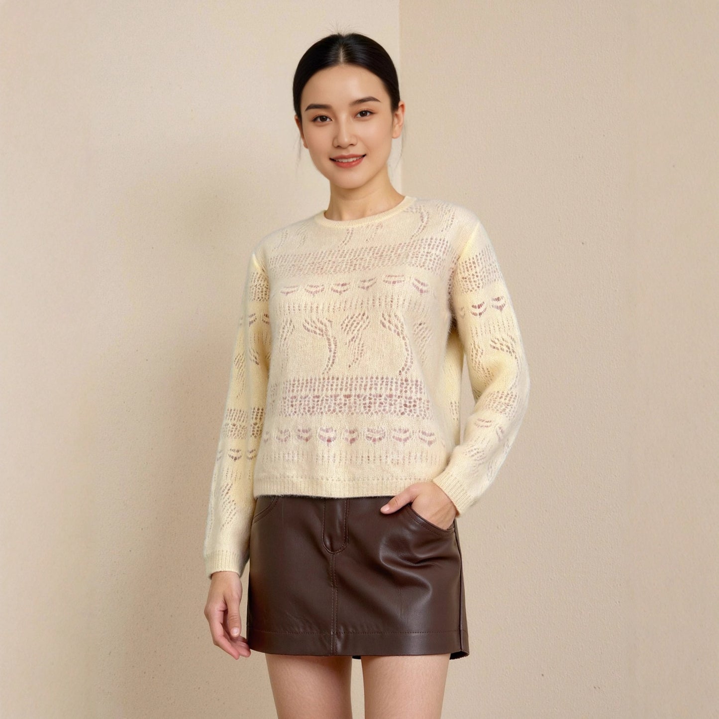 Wool Sweater Elegant Round Neck Hollow Out Jacquard Knitted Base Layer for Women