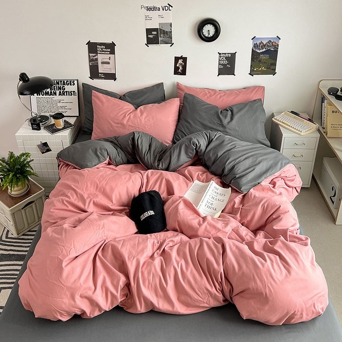 Washed Cotton Solid Color Double Spliced Four-Piece Bedding Set - Sheet, Quilt Cover, Pillowcases for Employee and Dormitory Use