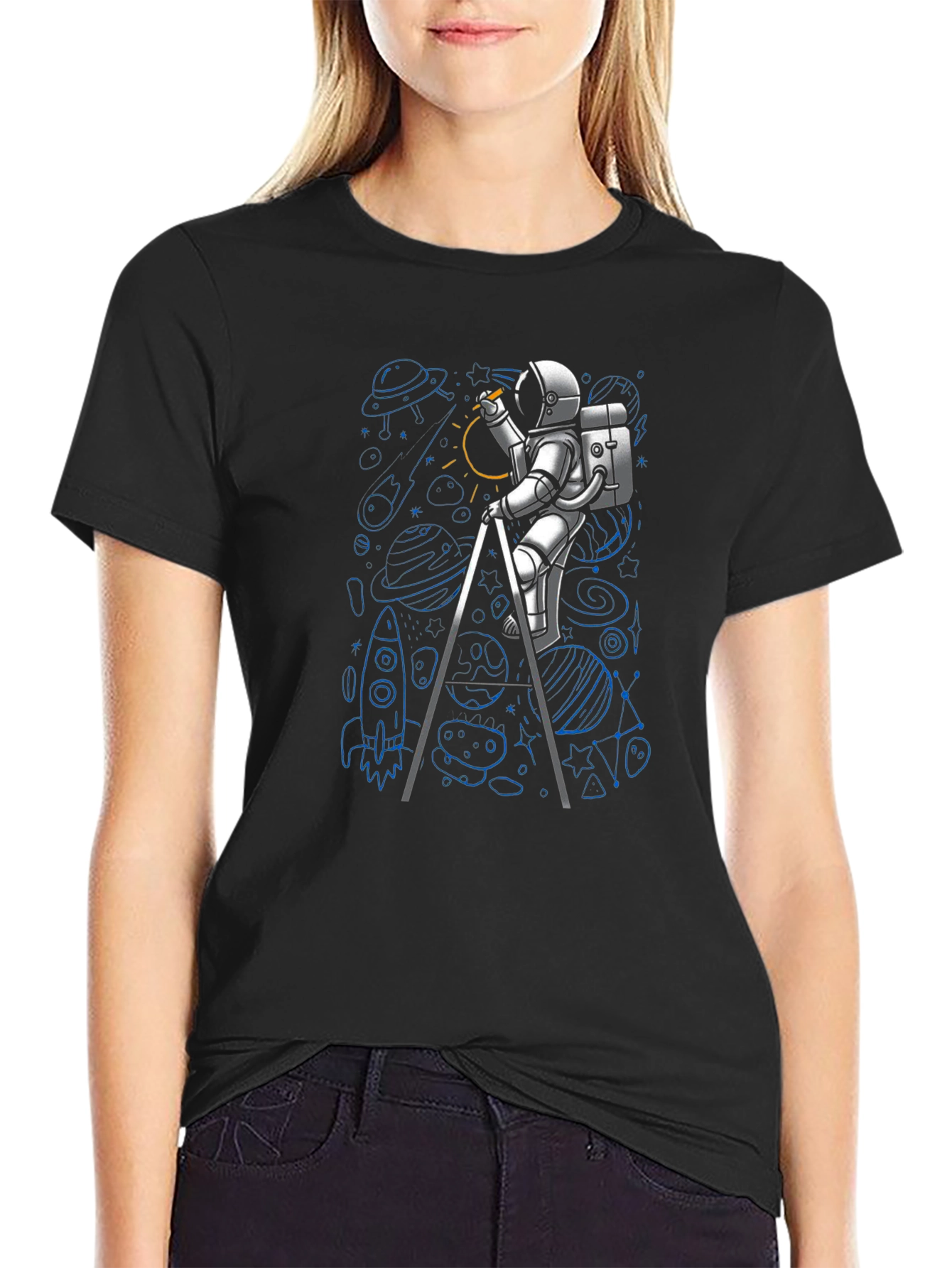 Astronaut Drawing Space T-Shirt - Black
