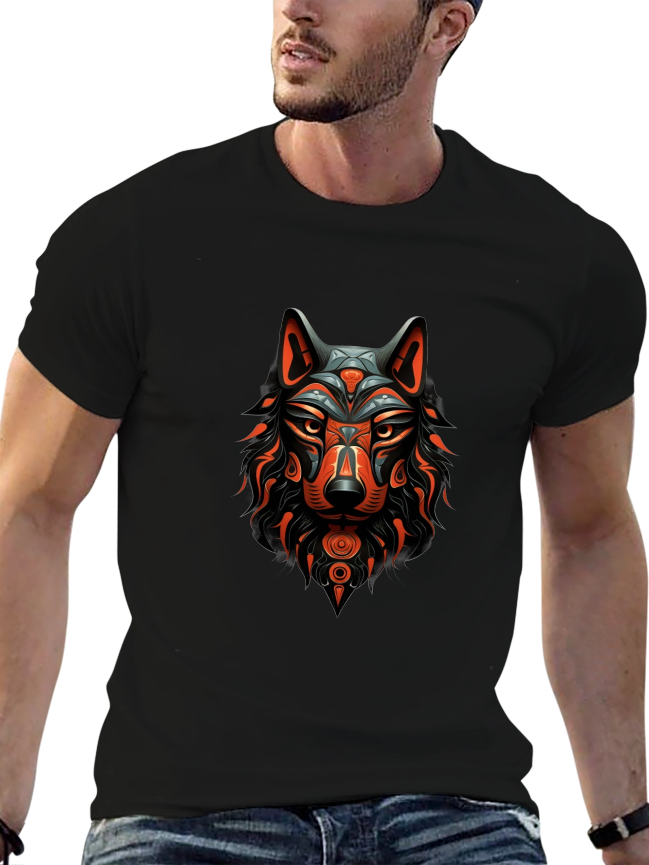 Tribal Wolf Graphic Black T-Shirt