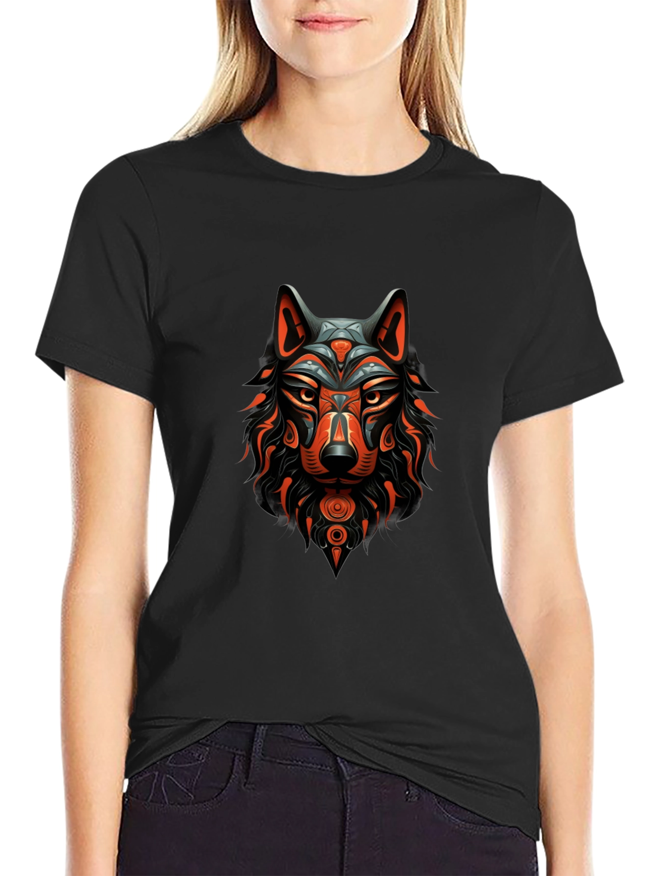 Tribal Wolf Graphic Black T-Shirt