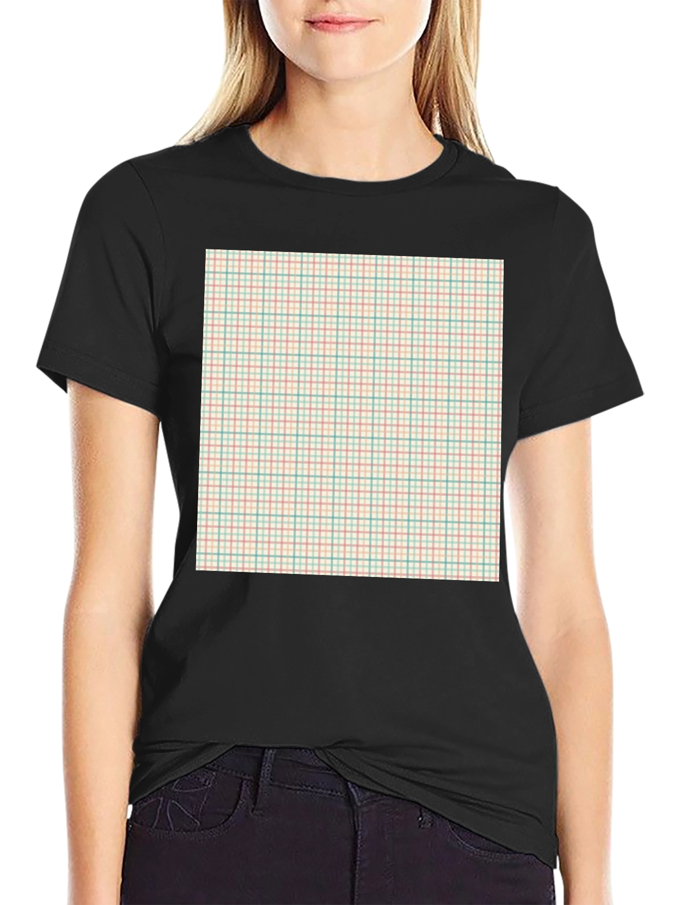 Trendy Black T-Shirt with Plaid Design